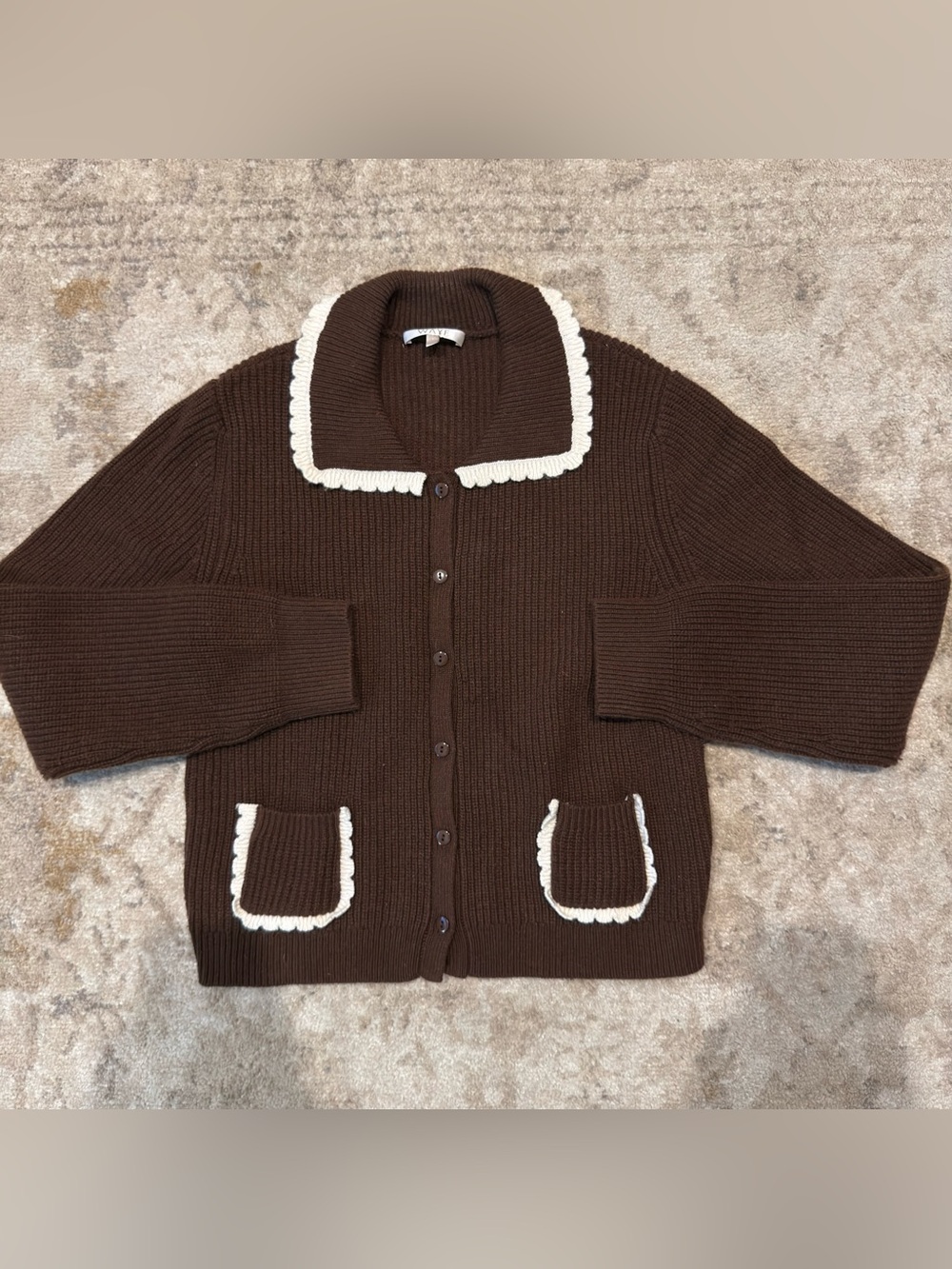 Wayf Chocolate Brown Button-Up Cardigan with Cream Scallop Trim